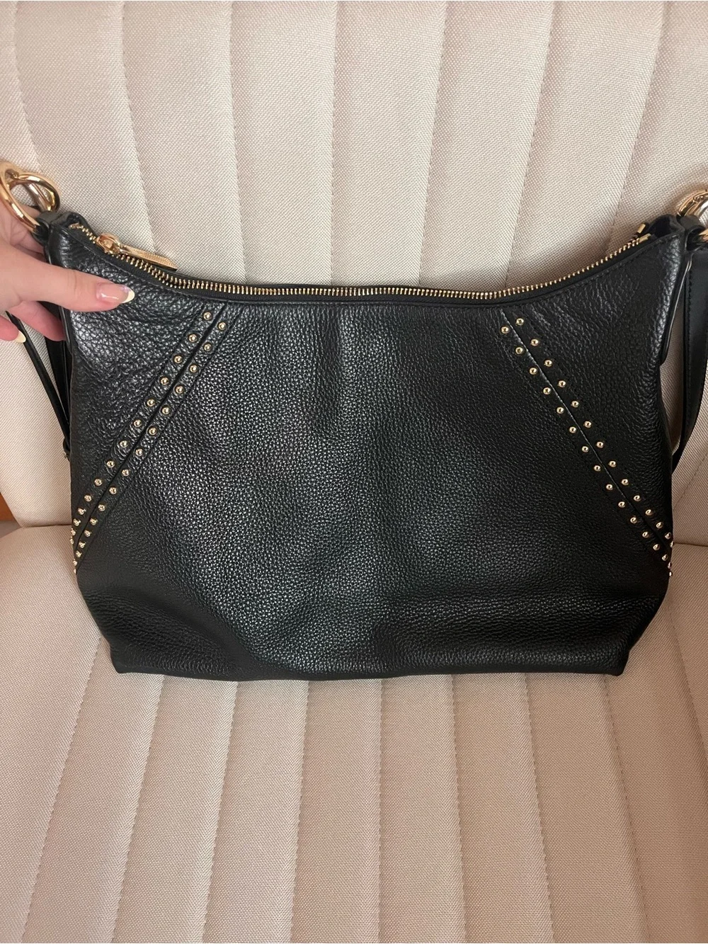 Michael Kors Black Leather Shoulder Bag with Gold Hardware and Stud Accents
